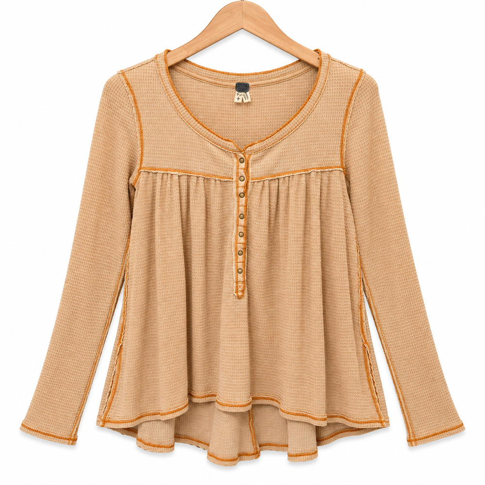 We The Free People Kai Henley Thermal Babydoll Top Womens Size XS Gold Boho
